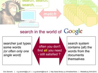 search in the world of searcher just types some words  (or often only one single word) search system contains (all) the words from the documents themselves often you don't find  all  you need - still satisfied ?  match Eric Sieverts  |  e.g.sieverts@uu.nl  |  e.g.sieverts@hva.nl  |  http://www.library.uu.nl/medew/it/eric  |  Middelburg 30-9-2010 search, search, search, ......  