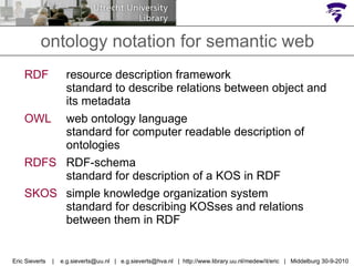 ontology notation for semantic web RDF resource description framework standard to describe relations between object and its metadata OWL web ontology language standard for computer readable description of ontologies RDFS RDF-schema standard for description of a KOS in RDF  SKOS simple knowledge organization system standard for describing KOSses and relations between them in RDF Eric Sieverts  |  e.g.sieverts@uu.nl  |  e.g.sieverts@hva.nl  |  http://www.library.uu.nl/medew/it/eric  |  Middelburg 30-9-2010 