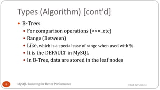 Jehad Keriaki 2014
Types (Algorithm) [cont'd]
 B-Tree:
 For comparison operations (<>=..etc)
 Range (Between)
 Like, w...