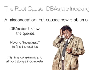 The Root Cause: DBAs are Indexing
A misconception that causes new problems:
DBAs don’t know
the queries
Have to “investigate”
to find the queries.
It is time consuming and
almost always incomplete.
by G-10gian82
deviantart.com
 
