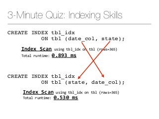 3-Minute Quiz: Indexing Skills
CREATE INDEX tbl_idx
ON tbl (date_col, state);
	Index	Scan	using	tbl_idx	on	tbl	(rows=365)	...