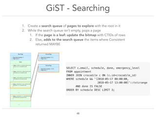 GiST - Searching
!48
SELECT c.email, schedule, done, emergency_level
FROM appointment
INNER JOIN crocodile c ON (c.id=crocodile_id)
WHERE schedule && '[2018-05-17 08:00:00,
2018-05-17 13:00:00]'::tstzrange
AND done IS FALSE
ORDER BY schedule DESC LIMIT 3;
1. Create a search queue of pages to explore with the root in it
2. While the search queue isn’t empty, pops a page
1. If the page is a leaf: update the bitmap with CTIDs of rows
2. Else, adds to the search queue the items where Consistent
returned MAYBE
 