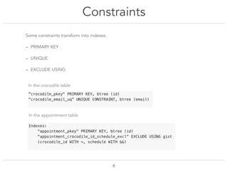 Constraints
!6
Some constraints transform into indexes.
- PRIMARY KEY
- UNIQUE
- EXCLUDE USING
"crocodile_pkey" PRIMARY KEY, btree (id)
"crocodile_email_uq" UNIQUE CONSTRAINT, btree (email)
Indexes:
"appointment_pkey" PRIMARY KEY, btree (id)
"appointment_crocodile_id_schedule_excl" EXCLUDE USING gist
(crocodile_id WITH =, schedule WITH &&)
In the crocodile table
In the appointment table
 