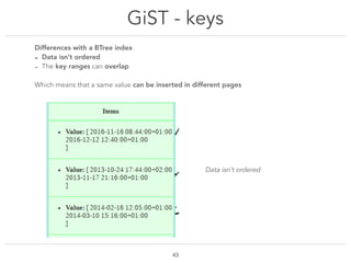 GiST - keys
!43
Differences with a BTree index
- Data isn’t ordered
- The key ranges can overlap
Which means that a same v...