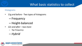 What basic statistics to collect
• 11g and before - Two types of histograms
– Frequency
– Height-balanced
• 12c and after – two more
– Top Frequency
– Hybrid
Histograms
 
