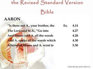 Nelson’s Complete Concordance of the Revised Standard Version Bible AARON “ Is there not A., your brother, the Ex.  4.14 The Lord said to A., “Go into  4.27 And Moses told A. all the words  4.28 And A. spoke all the words which 4.30 Afterward Moses and A. went to 5.30 