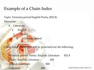 Example of a Chain Index Topic: Victorian period English Poetry (821.8)‏ Hierarchy: 8 Literature   2 English 1   Poetry   .8 Victorian period Chain index entries that will be generated are the following: Victorian period: Poetry: English: Literature 821.8 Poetry: English: Literature 821 English: Literature 820 Literature 800 