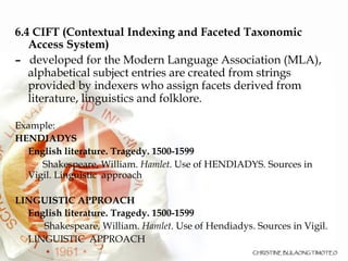 6.4 CIFT (Contextual Indexing and Faceted Taxonomic Access System)  –  developed for the Modern Language Association (MLA), alphabetical subject entries are created from strings provided by indexers who assign facets derived from literature, linguistics and folklore.  Example: HENDIADYS  English literature. Tragedy. 1500-1599   Shakespeare, William.  Hamlet . Use of HENDIADYS. Sources in Vigil. Linguistic  approach LINGUISTIC APPROACH English literature. Tragedy. 1500-1599 Shakespeare, William.  Hamlet . Use of Hendiadys. Sources in Vigil.  LINGUISTIC  APPROACH 