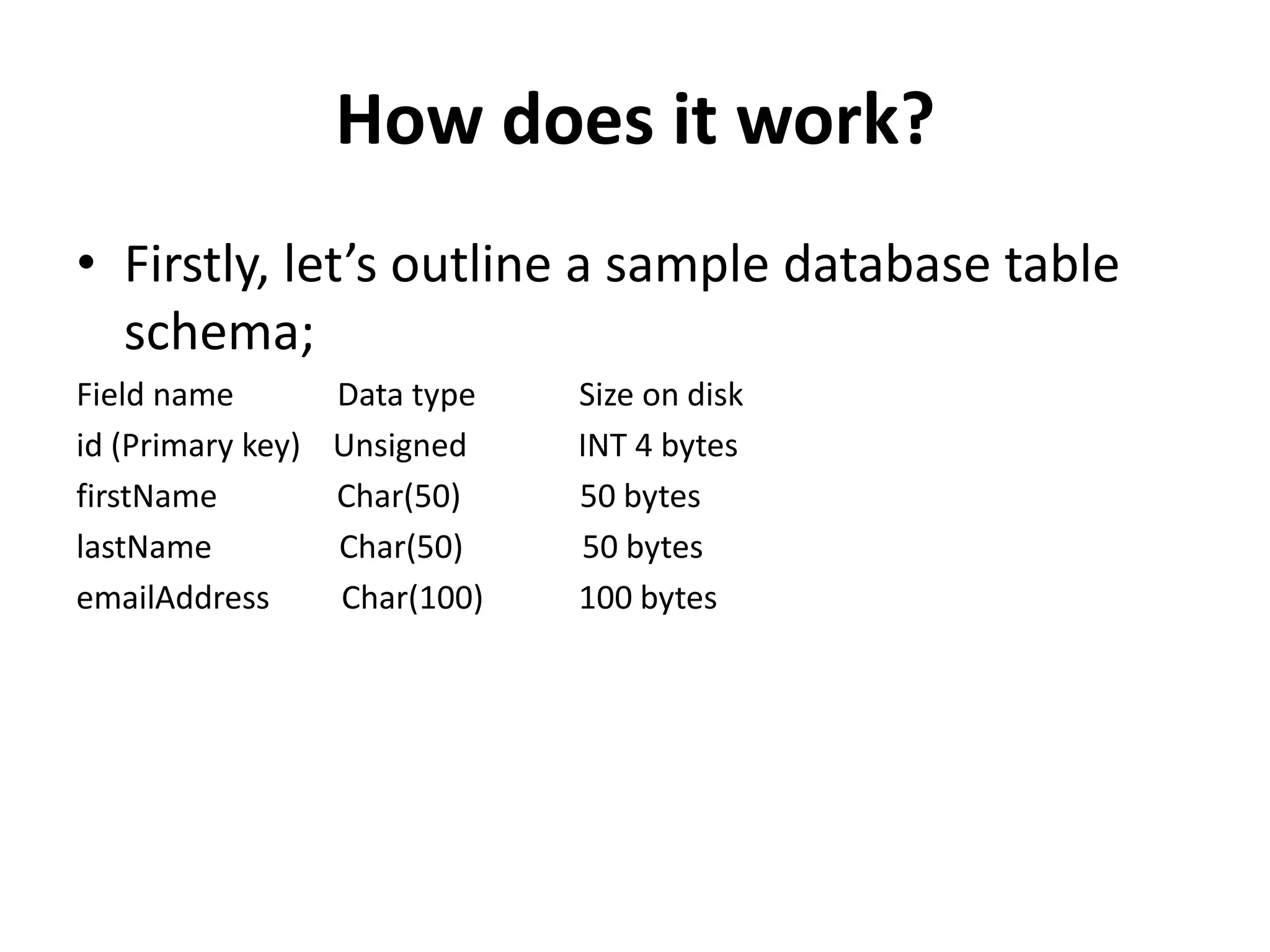 How does it work?
• Firstly, let’s outline a sample database table
schema;
Field name
Data type
id (Primary key) Unsigned
firstName
Char(50)
lastName
Char(50)
emailAddress
Char(100)

Size on disk
INT 4 bytes
50 bytes
50 bytes
100 bytes

 