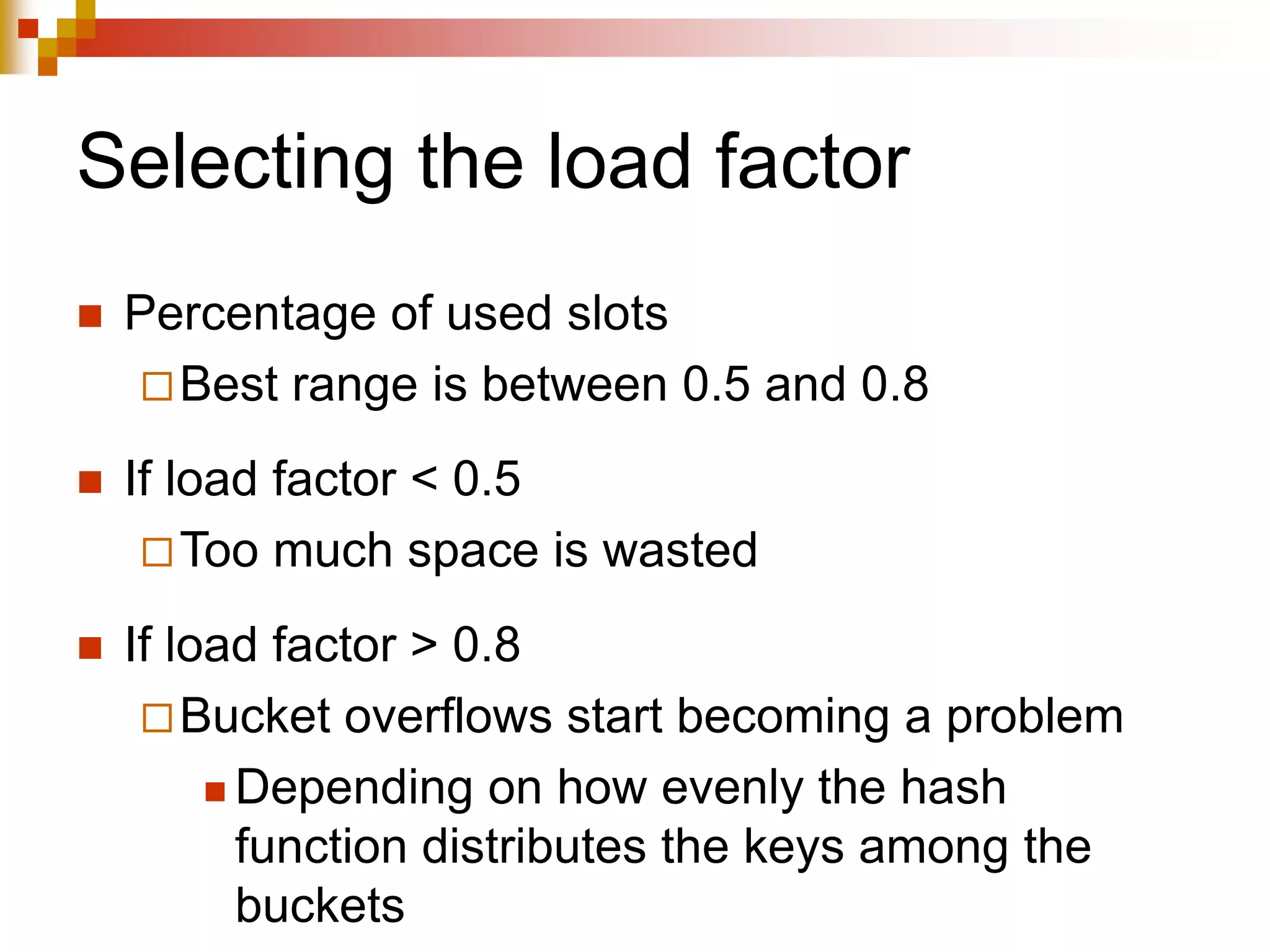 Selecting the load factor
 Percentage of used slots
Best range is between 0.5 and 0.8
 If load factor < 0.5
Too much space is wasted
 If load factor > 0.8
Bucket overflows start becoming a problem
 Depending on how evenly the hash
function distributes the keys among the
buckets
 
