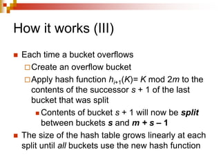 How it works (III)
 Each time a bucket overflows
Create an overflow bucket
Apply hash function hi+1(K)= K mod 2m to the
contents of the successor s + 1 of the last
bucket that was split
 Contents of bucket s + 1 will now be split
between buckets s and m + s – 1
 The size of the hash table grows linearly at each
split until all buckets use the new hash function
 