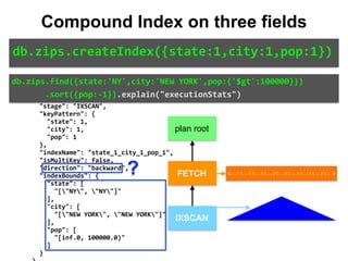{ 
		"queryPlanner":	{ 
				"winningPlan":	{ 
						"stage":	"FETCH", 
						"inputStage":	{ 
								"stage":	"IXSCAN", 
								"keyPattern":	{ 
										"state":	1, 
										"city":	1, 
										"pop":	1 
								}, 
								"indexName":	"state_1_city_1_pop_1", 
								"isMultiKey":	false, 
								"direction":	"backward", 
								"indexBounds":	{ 
										"state":	[ 
												"["NY",	"NY"]" 
										], 
										"city":	[ 
												"["NEW	YORK",	"NEW	YORK"]" 
										], 
										"pop":	[ 
												"[inf.0,	100000.0)" 
										] 
								} 
IXSCAN
FETCH
db.zips.find({state:'NY',city:'NEW	YORK',pop:{'$gt':100000}})	
							.sort({pop:-1}).explain("executionStats")
db.zips.createIndex({state:1,city:1,pop:1})
Compound Index on three fields
plan root
{...} {...} {...} {...} {...} {...} {...} {...} {...}?
 