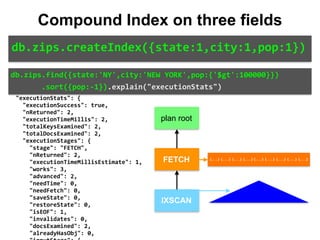 "indexBounds":	{ 
										"state":	[ 
												"["NY",	"NY"]" 
										], 
										"city":	[ 
												"["NEW	YORK",	"NEW	YORK"]" 
										], 
										"pop":	[ 
												"[inf.0,	100000.0)" 
										] 
								} 
						} 
				} 
		}, 
		"executionStats":	{ 
				"executionSuccess":	true, 
				"nReturned":	2, 
				"executionTimeMillis":	2, 
				"totalKeysExamined":	2, 
				"totalDocsExamined":	2, 
				"executionStages":	{ 
						"stage":	"FETCH", 
						"nReturned":	2, 
						"executionTimeMillisEstimate":	1, 
						"works":	3, 
						"advanced":	2, 
						"needTime":	0, 
						"needFetch":	0, 
						"saveState":	0, 
						"restoreState":	0, 
						"isEOF":	1, 
						"invalidates":	0, 
						"docsExamined":	2, 
						"alreadyHasObj":	0, 
IXSCAN
FETCH
db.zips.find({state:'NY',city:'NEW	YORK',pop:{'$gt':100000}})	
							.sort({pop:-1}).explain("executionStats")
db.zips.createIndex({state:1,city:1,pop:1})
Compound Index on three fields
plan root
{...} {...} {...} {...} {...} {...} {...} {...} {...}
 