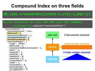 "indexBounds":	{ 
										"state":	[ 
												"["NY",	"NY"]" 
										], 
										"city":	[ 
												"["NEW	YORK",	"NEW	YORK"]" 
										], 
										"pop":	[ 
												"[inf.0,	100000.0)" 
										] 
								} 
						} 
				} 
		}, 
		"executionStats":	{ 
				"executionSuccess":	true, 
				"nReturned":	2, 
				"executionTimeMillis":	2, 
				"totalKeysExamined":	2, 
				"totalDocsExamined":	2, 
				"executionStages":	{ 
						"stage":	"FETCH", 
						"nReturned":	2, 
						"executionTimeMillisEstimate":	1, 
						"works":	3, 
						"advanced":	2, 
						"needTime":	0, 
						"needFetch":	0, 
						"saveState":	0, 
						"restoreState":	0, 
						"isEOF":	1, 
						"invalidates":	0, 
						"docsExamined":	2, 
						"alreadyHasObj":	0, 
IXSCAN
FETCH
db.zips.find({state:'NY',city:'NEW	YORK',pop:{'$gt':100000}})	
							.sort({pop:-1}).explain("executionStats")
db.zips.createIndex({state:1,city:1,pop:1})
Compound Index on three fields
plan root
{...} {...} {...} {...} {...} {...} {...} {...} {...}
2 documents returned
2 documents scanned
2 index entries scanned
 