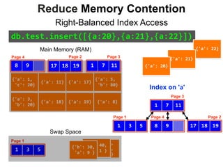 {'a':	3,	
	'b':	20}
{'a':	1,	
	'c':	20}
{'a':	8}{'a':	18} {'a':	19}
{'a':	11}
{'a':	5,	
	'b':	80}
{'a':	17}
{'c':	9,	
	'b':	4,	
	'a':	7}
{'c':	40,	
	'a':	1	}
{'b':	30,	
	'a':	9	}
Index on 'a'
Main Memory (RAM)
3 51
Page 1
11
Page 2
1 7
Page 3
Page 2
1 7
Page 3
98
Page 4
111798
Page 4
3 51
Page 1
Swap Space
Reduce Memory Contention
Right-Balanced Index Access
18 19
17 18 19
db.test.insert([{a:20},{a:21},{a:22}])
{'a':	22}
{'a':	21}
{'a':	20}
 