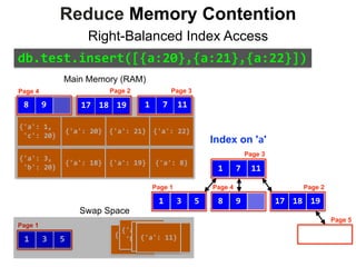 {'c':	9,	
	'b':	4,	
	'a':	7}
{'c':	40,	
	'a':	1	}
{'b':	30,	
	'a':	9	}
{'a':	5,	
	'b':	80}{'a':	17}{'a':	11}
{'a':	3,	
	'b':	20}
{'a':	1,	
	'c':	20}
{'a':	8}{'a':	18} {'a':	19}
{'a':	22}{'a':	21}{'a':	20}
Index on 'a'
Main Memory (RAM)
3 51
Page 1
111 7
Page 3
Page 2
1 7
Page 3
98
Page 4
1117
3 51
Page 1
Swap Space
Reduce Memory Contention
Right-Balanced Index Access
18 19
Page 2
Page 5
17 18 19
db.test.insert([{a:20},{a:21},{a:22}])
98
Page 4
 