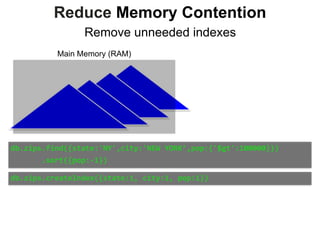 Main Memory (RAM)
Reduce Memory Contention
Remove unneeded indexes
db.zips.find({state:'NY',city:'NEW	YORK’,pop:{'$gt':100000}})	
							.sort({pop:-1})
db.zips.createIndex({state:1,	city:1,	pop:1})
 