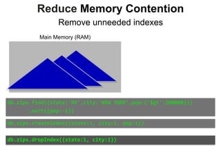 Main Memory (RAM)
Reduce Memory Contention
Remove unneeded indexes
db.zips.find({state:'NY',city:'NEW	YORK’,pop:{'$gt':100000}})	
							.sort({pop:-1})
db.zips.createIndex({state:1,	city:1,	pop:1})
db.zips.dropIndex({state:1,	city:1})
 