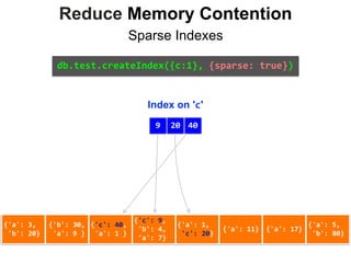 Reduce Memory Contention
Sparse Indexes
{'a':	3,	
	'b':	20}
{'b':	30,	
	'a':	9	}
{'c':	40,	
	'a':	1	}
{'c':	9,	
	'b':	4,	
	'a':	7}
{'a':	1,	
	'c':	20}
{'a':	11} {'a':	17}
{'a':	5,	
	'b':	80}
Index on 'c'
{'a':	3,	
	'b':	20}
{'b':	30,	
	'a':	9	}
{'c':	40,	
	'a':	1	}
{'c':	9,	
	'b':	4,	
	'a':	7}
{'a':	1,	
	'c':	20}
{'a':	11} {'a':	17}
{'a':	5,	
	'b':	80}
20 409
db.test.createIndex({c:1},	{sparse:	true})
 