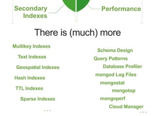 There is (much) more
Multikey Indexes
Text Indexes
Geospatial Indexes
TTL Indexes
. . .
Hash Indexes
Sparse Indexes
Database Profiler
mongod Log Files
mongostat
mongotop
mongoperf
Cloud Manager
Schema Design
Query Patterns
. . .
 
