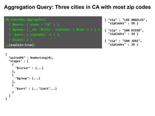 {	"zip"	:	"LOS	ANGELES",		
		"zipCodes"	:	56	}	
{	"zip"	:	"SAN	DIEGO",		
		"zipCodes"	:	34	}	
{	"zip"	:	"SAN	JOSE",		
		"zipCodes"	:	29	}
{
"waitedMS" : NumberLong(0),
"stages" : [
{
"$cursor" : {...}
},
{
"$group": {...}
},
{
"$sort" : {..."limit"...}
}
]
}
db.zipcodes.aggregate([		
		{	$match:	{	state	:	"CA"	}	},		
		{	$group:	{	_id:	'$city',	zipCodes:	{	$sum:	1	}	}	},		
		{		$sort:	{	zipCodes:	-1	}	},		
		{	$limit:	3	}		
],{explain:true})	
Aggregation Query: Three cities in CA with most zip codes
 