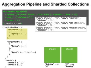 {"splitPipeline": {
"shardsPart": [
{
"$group": {...}
}
],
"mergerPart": [
{
"$group": {...}
},
{
"$sort": {..."limit"...}
}
]
},
"shards": {
"shard1": {...},
"shard2": {...}
}
db.zipcodes.aggregate([		
		{	$group:{_id:{state:'$state',	city:'$city'},	zipCodes:	{	$sum:	1	}}},		
		{	$sort	:	{	zipCodes:-1}	},		
		{	$limit	:	3	}		
],	{explain:true})	
"ME"	-->>	
"$maxKey"		
"$minKey"	-->>	
"ME"		
{"zip":	{"state":	"TX",	"city":	"HOUSTON"},		
	"zipCodes"	:	93	}	
{"zip":	{"state":	"CA",	"city":	"LOS	ANGELES"},		
	"zipCodes"	:	56	}	
{"zip":	{"state":	"PA",	"city":	"PHILADELPHIA"},		
	"zipCodes"	:	48	}
shard1 shard2
Aggregation Pipeline and Sharded Collections
 