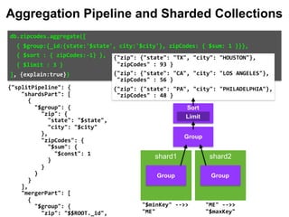 {"splitPipeline":	{ 
				"shardsPart":	[ 
						{ 
								"$group":	{ 
										"zip":	{ 
												"state":	"$state", 
												"city":	"$city" 
										}, 
										"zipCodes":	{ 
												"$sum":	{ 
														"$const":	1 
												} 
										} 
								} 
						} 
				], 
				"mergerPart":	[ 
						{ 
								"$group":	{ 
										"zip":	"$$ROOT._id", 
db.zipcodes.aggregate([		
		{	$group:{_id:{state:'$state',	city:'$city'},	zipCodes:	{	$sum:	1	}}},		
		{	$sort	:	{	zipCodes:-1}	},		
		{	$limit	:	3	}		
],	{explain:true})	
"ME"	-->>	
"$maxKey"		
"$minKey"	-->>	
"ME"		
{"zip":	{"state":	"TX",	"city":	"HOUSTON"},		
	"zipCodes"	:	93	}	
{"zip":	{"state":	"CA",	"city":	"LOS	ANGELES"},		
	"zipCodes"	:	56	}	
{"zip":	{"state":	"PA",	"city":	"PHILADELPHIA"},		
	"zipCodes"	:	48	}
shard1 shard2
Aggregation Pipeline and Sharded Collections
Group Group
Limit
Sort
Group
 
