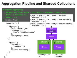 "$group":	{ 
										"zip":	{ 
												"state":	"$state", 
												"city":	"$city" 
										}, 
										"zipCodes":	{ 
												"$sum":	{ 
														"$const":	1 
												} 
										} 
								} 
						} 
				], 
				"mergerPart":	[ 
						{ 
								"$group":	{ 
										"zip":	"$$ROOT._id", 
										"zipCodes":	{ 
												"$sum":	"$$ROOT.zipCodes" 
										}, 
										"$doingMerge":	true 
								} 
						}, 
						{ 
								"$sort":	{ 
										"sortKey":	{ 
												"zipCodes":	-1 
										}, 
										"limit":	NumberLong(3) 
								} 
						} 
				] 
		}, 
db.zipcodes.aggregate([		
		{	$group:{_id:{state:'$state',	city:'$city'},	zipCodes:	{	$sum:	1	}}},		
		{	$sort	:	{	zipCodes:-1}	},		
		{	$limit	:	3	}		
],	{explain:true})	
"ME"	-->>	
"$maxKey"		
"$minKey"	-->>	
"ME"		
{"zip":	{"state":	"TX",	"city":	"HOUSTON"},		
	"zipCodes"	:	93	}	
{"zip":	{"state":	"CA",	"city":	"LOS	ANGELES"},		
	"zipCodes"	:	56	}	
{"zip":	{"state":	"PA",	"city":	"PHILADELPHIA"},		
	"zipCodes"	:	48	}
shard1 shard2
Aggregation Pipeline and Sharded Collections
Group Group
Limit
Sort
Group
 