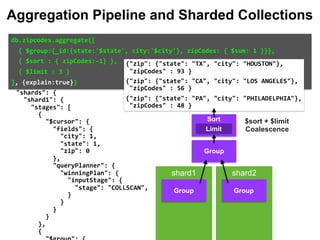 } 
						}, 
						{ 
								"$sort":	{ 
										"sortKey":	{ 
												"zipCodes":	-1 
										}, 
										"limit":	NumberLong(3) 
								} 
						} 
				] 
		}, 
		"shards":	{ 
				"shard1":	{ 
						"stages":	[ 
								{ 
										"$cursor":	{ 
												"fields":	{ 
														"city":	1, 
														"state":	1, 
														"zip":	0 
												}, 
												"queryPlanner":	{ 
														"winningPlan":	{ 
																"inputStage":	{ 
																		"stage":	"COLLSCAN", 
																} 
														} 
												} 
										} 
								}, 
								{ 
db.zipcodes.aggregate([		
		{	$group:{_id:{state:'$state',	city:'$city'},	zipCodes:	{	$sum:	1	}}},		
		{	$sort	:	{	zipCodes:-1}	},		
		{	$limit	:	3	}		
],	{explain:true})	
{"zip":	{"state":	"TX",	"city":	"HOUSTON"},		
	"zipCodes"	:	93	}	
{"zip":	{"state":	"CA",	"city":	"LOS	ANGELES"},		
	"zipCodes"	:	56	}	
{"zip":	{"state":	"PA",	"city":	"PHILADELPHIA"},		
	"zipCodes"	:	48	}
shard1 shard2
Aggregation Pipeline and Sharded Collections
Group Group
Limit
Sort
Group
$sort + $limit  
Coalescence
 