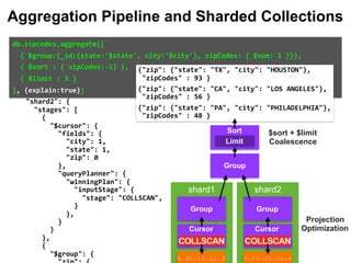 "state":	"$state", 
														"city":	"$city" 
												}, 
												"zipCodes":	{ 
														"$sum":	{ 
																"$const":	1 
														} 
												} 
										} 
								} 
						] 
				}, 
				"shard2":	{ 
						"stages":	[ 
								{ 
										"$cursor":	{ 
												"fields":	{ 
														"city":	1, 
														"state":	1, 
														"zip":	0 
												}, 
												"queryPlanner":	{ 
														"winningPlan":	{ 
																"inputStage":	{ 
																		"stage":	"COLLSCAN", 
																} 
														}, 
												} 
										} 
								}, 
								{ 
										"$group":	{ 
db.zipcodes.aggregate([		
		{	$group:{_id:{state:'$state',	city:'$city'},	zipCodes:	{	$sum:	1	}}},		
		{	$sort	:	{	zipCodes:-1}	},		
		{	$limit	:	3	}		
],	{explain:true})	
{"zip":	{"state":	"TX",	"city":	"HOUSTON"},		
	"zipCodes"	:	93	}	
{"zip":	{"state":	"CA",	"city":	"LOS	ANGELES"},		
	"zipCodes"	:	56	}	
{"zip":	{"state":	"PA",	"city":	"PHILADELPHIA"},		
	"zipCodes"	:	48	}
shard1 shard2
Aggregation Pipeline and Sharded Collections
Group Group
Limit
Sort
Group
Cursor
COLLSCAN
{...} {...} {...} {...} {...} {...} {...} {...}
Cursor
COLLSCAN
$sort + $limit  
Coalescence
Projection 
Optimization
 