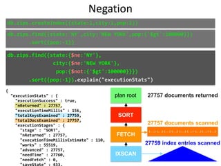 {	
		"executionStats"	:	{	
				"executionSuccess"	:	true,	
				"nReturned"	:	27757,	
				"executionTimeMillis"	:	156,	
				"totalKeysExamined"	:	27759,	
				"totalDocsExamined"	:	27757,	
				"executionStages"	:	{	
						"stage"	:	"SORT",	
						"nReturned"	:	27757,	
						"executionTimeMillisEstimate"	:	110,	
						"works"	:	55519,	
						"advanced"	:	27757,	
						"needTime"	:	27760,	
						"needFetch"	:	0,	
						"saveState"	:	433,	
Negation
db.zips.find({state:'NY',city:'NEW	YORK',pop:{'$gt':100000}})	
							.sort({pop:-1})
db.zips.find({state:{$ne:'NY'},	
															city:{$ne:'NEW	YORK'},	
																pop:{$not:{'$gt':100000}}})	
							.sort({pop:-1}).explain("executionStats")
plan root
SORT
FETCH
IXSCAN
{...} {...} {...} {...} {...} {...} {...} {...} {...}
27757 documents returned
27757 documents scanned
27759 index entries scanned
db.zips.createIndex({state:1,city:1,pop:1})
 
