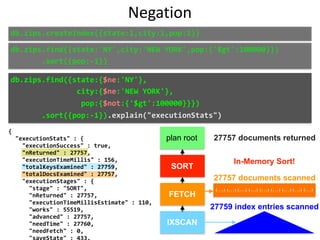 {	
		"executionStats"	:	{	
				"executionSuccess"	:	true,	
				"nReturned"	:	27757,	
				"executionTimeMillis"	:	156,	
				"totalKeysExamined"	:	27759,	
				"totalDocsExamined"	:	27757,	
				"executionStages"	:	{	
						"stage"	:	"SORT",	
						"nReturned"	:	27757,	
						"executionTimeMillisEstimate"	:	110,	
						"works"	:	55519,	
						"advanced"	:	27757,	
						"needTime"	:	27760,	
						"needFetch"	:	0,	
						"saveState"	:	433,	
Negation
db.zips.find({state:'NY',city:'NEW	YORK',pop:{'$gt':100000}})	
							.sort({pop:-1})
db.zips.find({state:{$ne:'NY'},	
															city:{$ne:'NEW	YORK'},	
																pop:{$not:{'$gt':100000}}})	
							.sort({pop:-1}).explain("executionStats")
plan root
SORT
FETCH
IXSCAN
{...} {...} {...} {...} {...} {...} {...} {...} {...}
27757 documents returned
27757 documents scanned
27759 index entries scanned
In-Memory Sort!
db.zips.createIndex({state:1,city:1,pop:1})
 