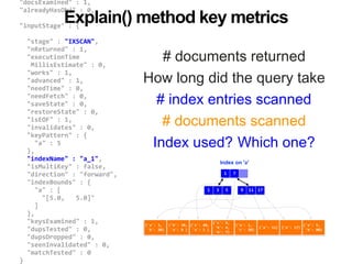 Index used? Which one?
				"docsExamined"	:	1, 
				"alreadyHasObj"	:	0, 
				 
				"inputStage"	:	{ 
				 
						"stage"	:	"IXSCAN", 
						"nReturned"	:	1, 
						"executionTime	
							MillisEstimate"	:	0, 
						"works"	:	1, 
						"advanced"	:	1, 
						"needTime"	:	0, 
						"needFetch"	:	0, 
						"saveState"	:	0, 
						"restoreState"	:	0, 
						"isEOF"	:	1, 
						"invalidates"	:	0, 
						"keyPattern"	:	{ 
								"a"	:	5 
						}, 
						"indexName"	:	"a_1", 
						"isMultiKey"	:	false, 
						"direction"	:	"forward", 
						"indexBounds"	:	{ 
								"a"	:	[ 
										"[5.0,			5.0]" 
								] 
						}, 
						"keysExamined"	:	1, 
						"dupsTested"	:	0, 
						"dupsDropped"	:	0, 
						"seenInvalidated"	:	0, 
						"matchTested"	:	0 
				} 
Explain() method key metrics
"IXSCAN"
"indexName"	:	"a_1"
# documents returned
How long did the query take
# index entries scanned
# documents scanned
{'a':	3,	
	'b':	20}
{'b':	30,	
	'a':	9	}
{'c':	40,	
	'a':	1	}
{'c':	9,	
	'b':	4,	
	'a':	7}
{'a':	1,	
	'c':	20}
{'a':	11} {'a':	17}
{'a':	5,	
	'b':	80}
Index on 'a'
1 7
3 51 17119
MongoDB Index Data Structure: B-Tree
{'a':	3,	
	'b':	20}
{'b':	30,	
	'a':	9	}
{'c':	40,	
	'a':	1	}
{'c':	9,	
	'b':	4,	
	'a':	7}
{'a':	1,	
	'c':	20}
{'a':	11} {'a':	17}
{'a':	5,	
	'b':	80}
db.test.createIndex({a:1})
 