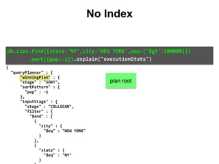 db.zips.find({state:'NY',city:'NEW	YORK',pop:{'$gt':100000}})	
							.sort({pop:-1}).explain("executionStats")
plan root
{	
		"queryPlanner"	:	{	
						"winningPlan"	:	{	
						"stage"	:	"SORT",	
						"sortPattern"	:	{	
								"pop"	:	-1	
						},	
						"inputStage"	:	{	
								"stage"	:	"COLLSCAN",	
								"filter"	:	{	
										"$and"	:	[	
												{	
														"city"	:	{	
																"$eq"	:	"NEW	YORK"	
														}	
												},	
												{	
														"state"	:	{	
																"$eq"	:	"NY"	
														}	
No Index
 