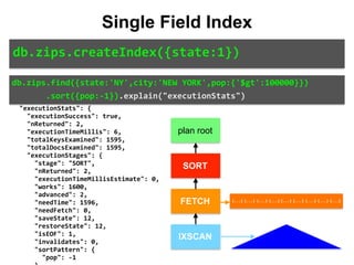 },	
										"indexName":	"state_1",	
										"isMultiKey":	false,	
										"direction":	"forward",	
										"indexBounds":	{	
												"state":	[	
														"["NY",	"NY"]"	
												]	
										}	
								}	
						}	
				},	
				"rejectedPlans":	[]	
		},	
		"executionStats":	{	
				"executionSuccess":	true,	
				"nReturned":	2,	
				"executionTimeMillis":	6,	
				"totalKeysExamined":	1595,	
				"totalDocsExamined":	1595,	
				"executionStages":	{	
						"stage":	"SORT",	
						"nReturned":	2,	
						"executionTimeMillisEstimate":	0,	
						"works":	1600,	
						"advanced":	2,	
						"needTime":	1596,	
						"needFetch":	0,	
						"saveState":	12,	
						"restoreState":	12,	
						"isEOF":	1,	
						"invalidates":	0,	
						"sortPattern":	{	
								"pop":	-1	
db.zips.find({state:'NY',city:'NEW	YORK',pop:{'$gt':100000}})	
							.sort({pop:-1}).explain("executionStats")
Single Field Index
db.zips.createIndex({state:1})
plan root
SORT
FETCH
IXSCAN
{...} {...} {...} {...} {...} {...} {...} {...} {...}
 