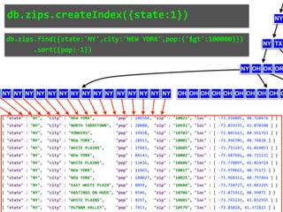db.zips.find({state:'NY',city:'NEW	YORK',pop:{'$gt':100000}})	
							.sort({pop:-1})
db.zips.createIndex({state:1})
NY NY NY NY NY NY NY NY NY NY NY NY NY NY NY OH OH OH OH OH OH OH OH OH O
NY TX
NY
NY OH OK OR
{	"state"	:	"NY",		"city"	:	"NEW	YORK",									"pop"	:	106564,	"zip"	:	"10021",	"loc"	:	[	-73.958805,	40.768476	]	}	
{	"state"	:	"NY",		"city"	:	"NORTH	TARRYTOWN",		"pop"	:	20080,		"zip"	:	"10591",	"loc"	:	[	-73.859335,	41.078108	]	}	
{	"state"	:	"NY",		"city"	:	"YONKERS",										"pop"	:	19958,		"zip"	:	"10703",	"loc"	:	[	-73.885163,	40.951763	]	}	
{	"state"	:	"NY",		"city"	:	"NEW	YORK",									"pop"	:	18913,		"zip"	:	"10001",	"loc"	:	[	-73.996705,	40.74838	]	}	
{	"state"	:	"NY",		"city"	:	"WHITE	PLAINS",					"pop"	:	17843,		"zip"	:	"10605",	"loc"	:	[	-73.755247,	41.014053	]	}	
{	"state"	:	"NY",		"city"	:	"NEW	YORK",									"pop"	:	84143,		"zip"	:	"10002",	"loc"	:	[	-73.987681,	40.715231	]	}	
{	"state"	:	"NY",		"city"	:	"WHITE	PLAINS",					"pop"	:	13436,		"zip"	:	"10606",	"loc"	:	[	-73.778097,	41.024714	]	}	
{	"state"	:	"NY",		"city"	:	"NEW	YORK",									"pop"	:	12465,		"zip"	:	"10017",	"loc"	:	[	-73.970661,	40.75172	]	}	
{	"state"	:	"NY",		"city"	:	"NEW	YORK",									"pop"	:	100027,	"zip"	:	"10025",	"loc"	:	[	-73.968312,	40.797466	]	}	
{	"state"	:	"NY",		"city"	:	"EAST	WHITE	PLAIN",	"pop"	:	8899,			"zip"	:	"10604",	"loc"	:	[	-73.750727,	41.043295	]	}	
{	"state"	:	"NY",		"city"	:	"HASTINGS	ON	HUDS",	"pop"	:	8546,			"zip"	:	"10706",	"loc"	:	[	-73.875912,	40.99071	]	}	
{	"state"	:	"NY",		"city"	:	"WHITE	PLAINS",					"pop"	:	8397,			"zip"	:	"10601",	"loc"	:	[	-73.765231,	41.032955	]	}	
{	"state"	:	"NY",		"city"	:	"PUTNAM	VALLEY",				"pop"	:	7453,			"zip"	:	"10579",	"loc"	:	[	-73.85024,	41.372815	]	}	
 