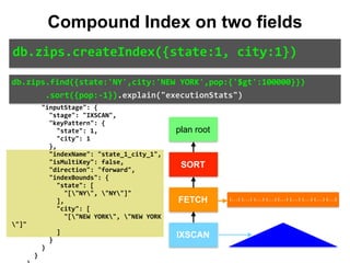 { 
		"queryPlanner":	{ 
				"winningPlan":	{ 
						"stage":	"SORT", 
						"sortPattern":	{ 
								"pop":	-1 
						}, 
						"inputStage":	{ 
								"stage":	"FETCH", 
								"filter":	{ 
										"pop":	{ 
												"$gt":	100000 
										} 
								}, 
								"inputStage":	{ 
										"stage":	"IXSCAN", 
										"keyPattern":	{ 
												"state":	1, 
												"city":	1 
										}, 
										"indexName":	"state_1_city_1", 
										"isMultiKey":	false, 
										"direction":	"forward", 
										"indexBounds":	{ 
												"state":	[ 
														"["NY",	"NY"]" 
												], 
												"city":	[ 
														"["NEW	YORK",	"NEW	YORK
"]" 
												] 
										} 
								} 
						} 
db.zips.find({state:'NY',city:'NEW	YORK',pop:{'$gt':100000}})	
							.sort({pop:-1}).explain("executionStats")
db.zips.createIndex({state:1,	city:1})
Compound Index on two fields
plan root
SORT
FETCH
IXSCAN
{...} {...} {...} {...} {...} {...} {...} {...} {...}
 