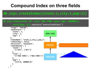 { 
		"queryPlanner":	{ 
				"winningPlan":	{ 
						"stage":	"FETCH", 
						"inputStage":	{ 
								"stage":	"IXSCAN", 
								"keyPattern":	{ 
										"state":	1, 
										"city":	1, 
										"pop":	1 
								}, 
								"indexName":	"state_1_city_1_pop_1", 
								"isMultiKey":	false, 
								"direction":	"backward", 
								"indexBounds":	{ 
										"state":	[ 
												"["NY",	"NY"]" 
										], 
										"city":	[ 
												"["NEW	YORK",	"NEW	YORK"]" 
										], 
										"pop":	[ 
												"[inf.0,	100000.0)" 
										] 
								} 
IXSCAN
FETCH
db.zips.find({state:'NY',city:'NEW	YORK',pop:{'$gt':100000}})	
							.sort({pop:-1}).explain("executionStats")
db.zips.createIndex({state:1,city:1,pop:1})
Compound Index on three fields
plan root
{...} {...} {...} {...} {...} {...} {...} {...} {...}
 