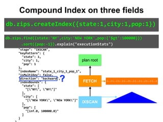 { 
		"queryPlanner":	{ 
				"winningPlan":	{ 
						"stage":	"FETCH", 
						"inputStage":	{ 
								"stage":	"IXSCAN", 
								"keyPattern":	{ 
										"state":	1, 
										"city":	1, 
										"pop":	1 
								}, 
								"indexName":	"state_1_city_1_pop_1", 
								"isMultiKey":	false, 
								"direction":	"backward", 
								"indexBounds":	{ 
										"state":	[ 
												"["NY",	"NY"]" 
										], 
										"city":	[ 
												"["NEW	YORK",	"NEW	YORK"]" 
										], 
										"pop":	[ 
												"[inf.0,	100000.0)" 
										] 
								} 
IXSCAN
FETCH
db.zips.find({state:'NY',city:'NEW	YORK',pop:{'$gt':100000}})	
							.sort({pop:-1}).explain("executionStats")
db.zips.createIndex({state:1,city:1,pop:1})
Compound Index on three fields
plan root
{...} {...} {...} {...} {...} {...} {...} {...} {...}?
 