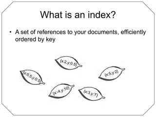 What is an index?A set of references to your documents, efficiently ordered by key{x:0.5,y:0.5}{x:2,y:0.5}{x:5,y:2}{x:-4,y:10}{x:3,y:’f’}