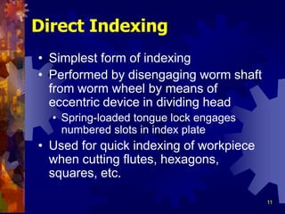 11
Direct Indexing
• Simplest form of indexing
• Performed by disengaging worm shaft
from worm wheel by means of
eccentric device in dividing head
• Spring-loaded tongue lock engages
numbered slots in index plate
• Used for quick indexing of workpiece
when cutting flutes, hexagons,
squares, etc.
 