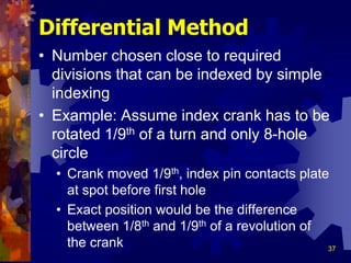 37
Differential Method
• Number chosen close to required
divisions that can be indexed by simple
indexing
• Example: Assume index crank has to be
rotated 1/9th of a turn and only 8-hole
circle
• Crank moved 1/9th, index pin contacts plate
at spot before first hole
• Exact position would be the difference
between 1/8th and 1/9th of a revolution of
the crank
 