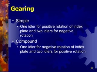 40
Gearing
• Simple
• One idler for positive rotation of index
plate and two idlers for negative
rotation
• Compound
• One idler for negative rotation of index
plate and two idlers for positive rotation
 