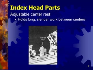 9
Index Head Parts
Adjustable center rest
• Holds long, slender work between centers
 