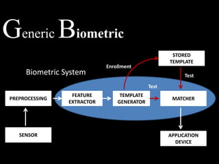 Generic Biometric
PREPROCESSING
SENSOR
FEATURE
EXTRACTOR
TEMPLATE
GENERATOR
STORED
TEMPLATE
MATCHER
APPLICATION
DEVICE
TestBiometric System
Enrollment
Test
 