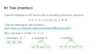 B+ Tree (Insertion)
Insert the following in a B+ tree of order 4 according to the given sequence:
4, 10, 7, 12, 1, 5, 2, 25, 15, 9, 18, 20
**Use the following B+ tree simulator (
https://www.cs.usfca.edu/~galles/visualization/BPlusTree.html)
Here, max keys in a node = 4 - 1 = 3
1. Inserting 4, 10, 7 2. Inserting 12 3. Inserting 1
 