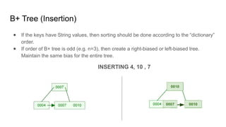 B+ Tree (Insertion)
● If the keys have String values, then sorting should be done according to the “dictionary”
order.
● If order of B+ tree is odd (e.g. n=3), then create a right-biased or left-biased tree.
Maintain the same bias for the entire tree.
INSERTING 4, 10 , 7
 