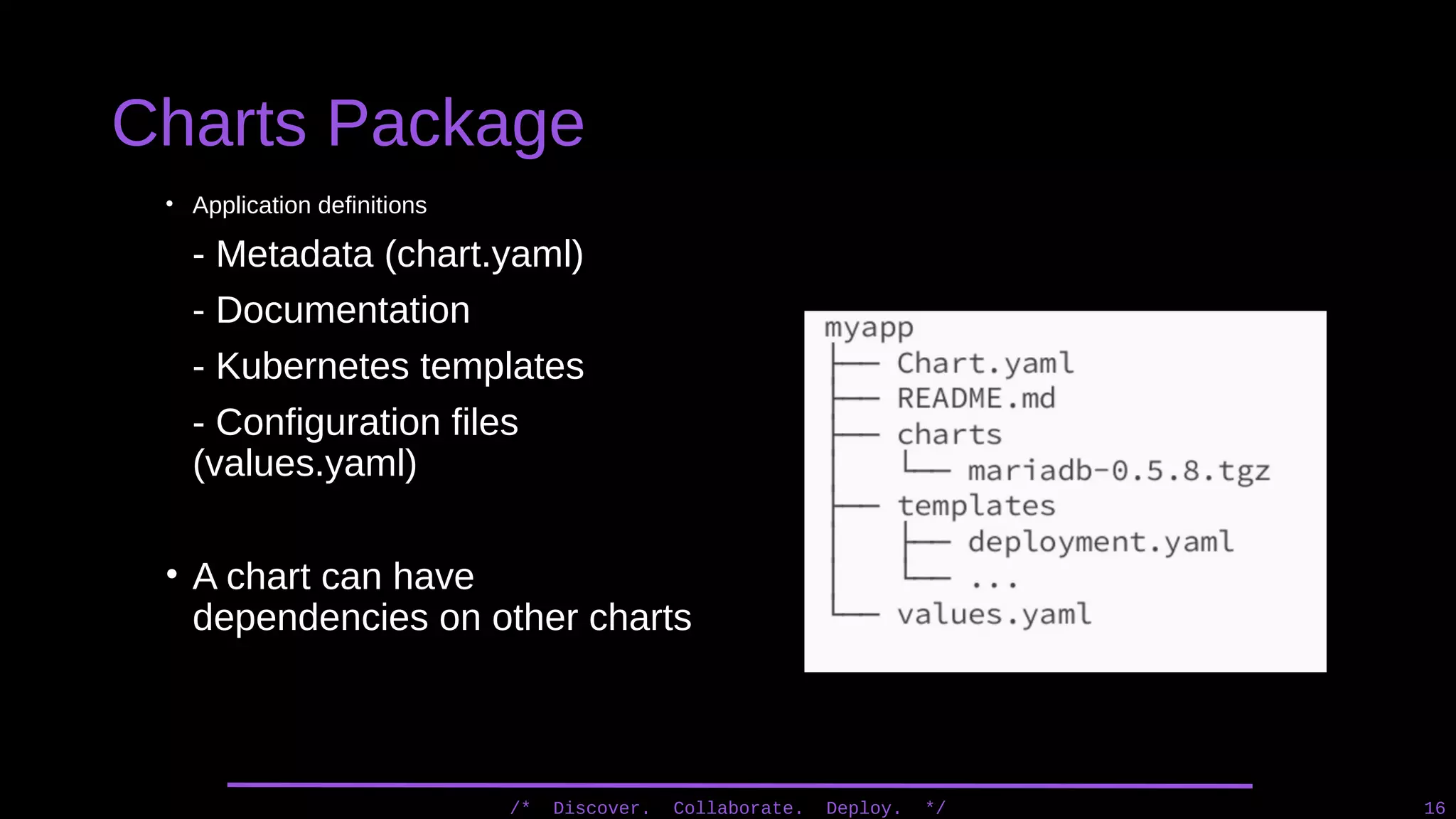 Charts Package
/* Discover. Collaborate. Deploy. */ 16
• Application definitions
- Metadata (chart.yaml)
- Documentation
- Kubernetes templates
- Configuration files
(values.yaml)
• A chart can have
dependencies on other charts
 