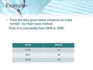 Example• From the data given below construct an index
number by chain base method.
Price of a commodity from 2006 to 2008.

YEAR

PRICE

2006

50

2007

60

2008

65

 