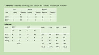 Example: From the following data obtain the Fisher’s Ideal Index Number-
Rice Wheat Barley
Year Price p Quantity
q
Price p Quantity
q
Price p Quantity
q
1997 4 50 3 10 2 5
2007 10 40 8 8 4 4
Item 1997 2007 p₀q₀ p₁q₀ p₀q₁ p₁q₁
p₀ q₀ p₁ q₁
Rice 4 50 10 40 200 500 160 400
Wheat 3 10 8 8 30 80 24 64
Barley 2 5 4 4 10 20 8 16
Total 240 600 192 480
Ʃp₀q₀ Ʃp₁q₀ Ʃp₀q₁ Ʃp₁q₁
Solution:
 